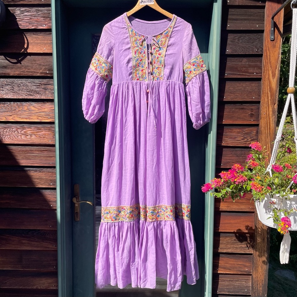 RARE Beverly Paige Lavender Paisley Embroidered Vintage 1970s Peasant Maxi Dress
